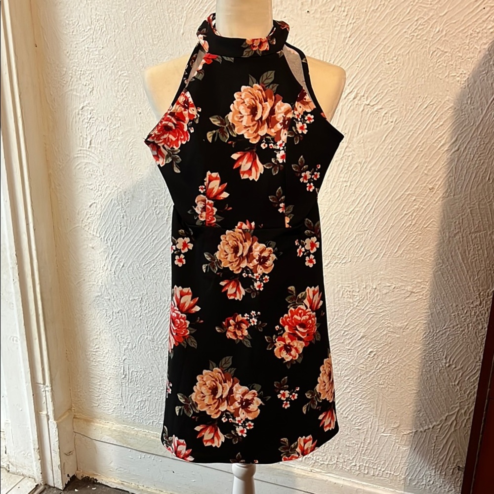 Floral Black Halter Dress